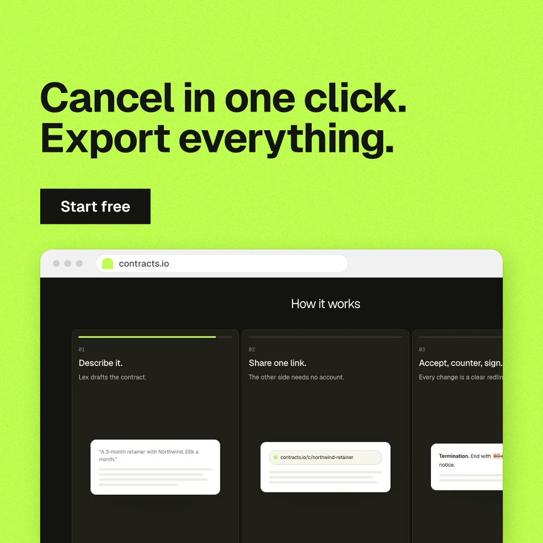 Instagram post for contracts.io: "Cancel in one click. Export everything." Swiss style, browser layout, light palette in green, black.
