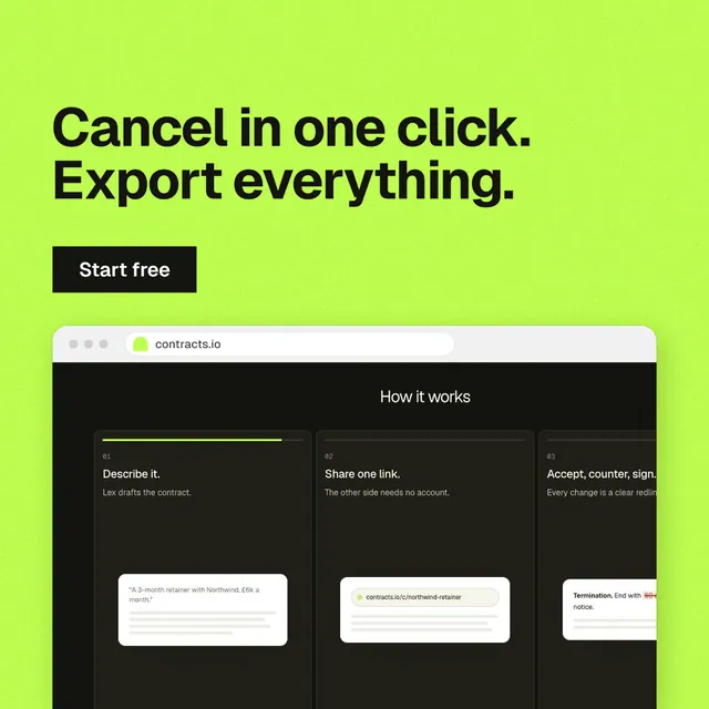 Instagram post for contracts.io: "Cancel in one click. Export everything." Swiss style, browser layout, light palette in green, black.