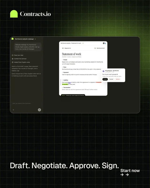 Instagram portrait post for contracts.io: "Draft. Negotiate. Approve. Sign." Phosphor atlas style, image led layout, dark palette in black, grey.