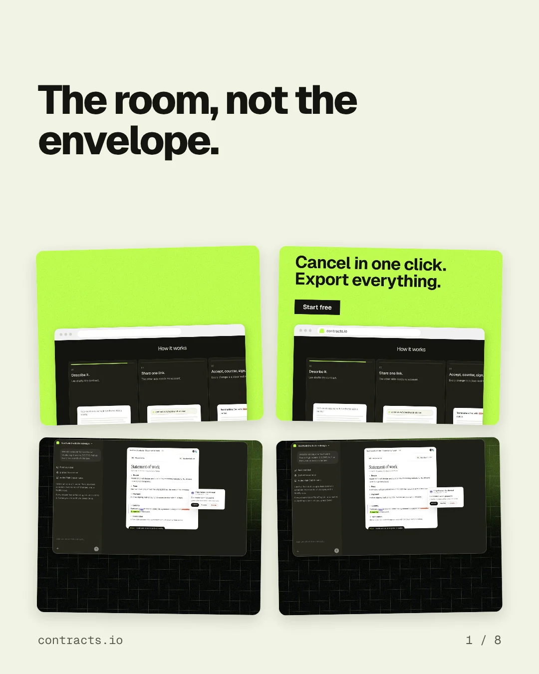 Carousel for contracts.io: "The room, not the envelope.". Collection carousel, 8 slides, light palette.
