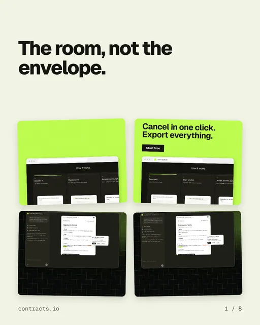 Carousel for contracts.io: "The room, not the envelope.". Collection carousel, 8 slides, light palette.