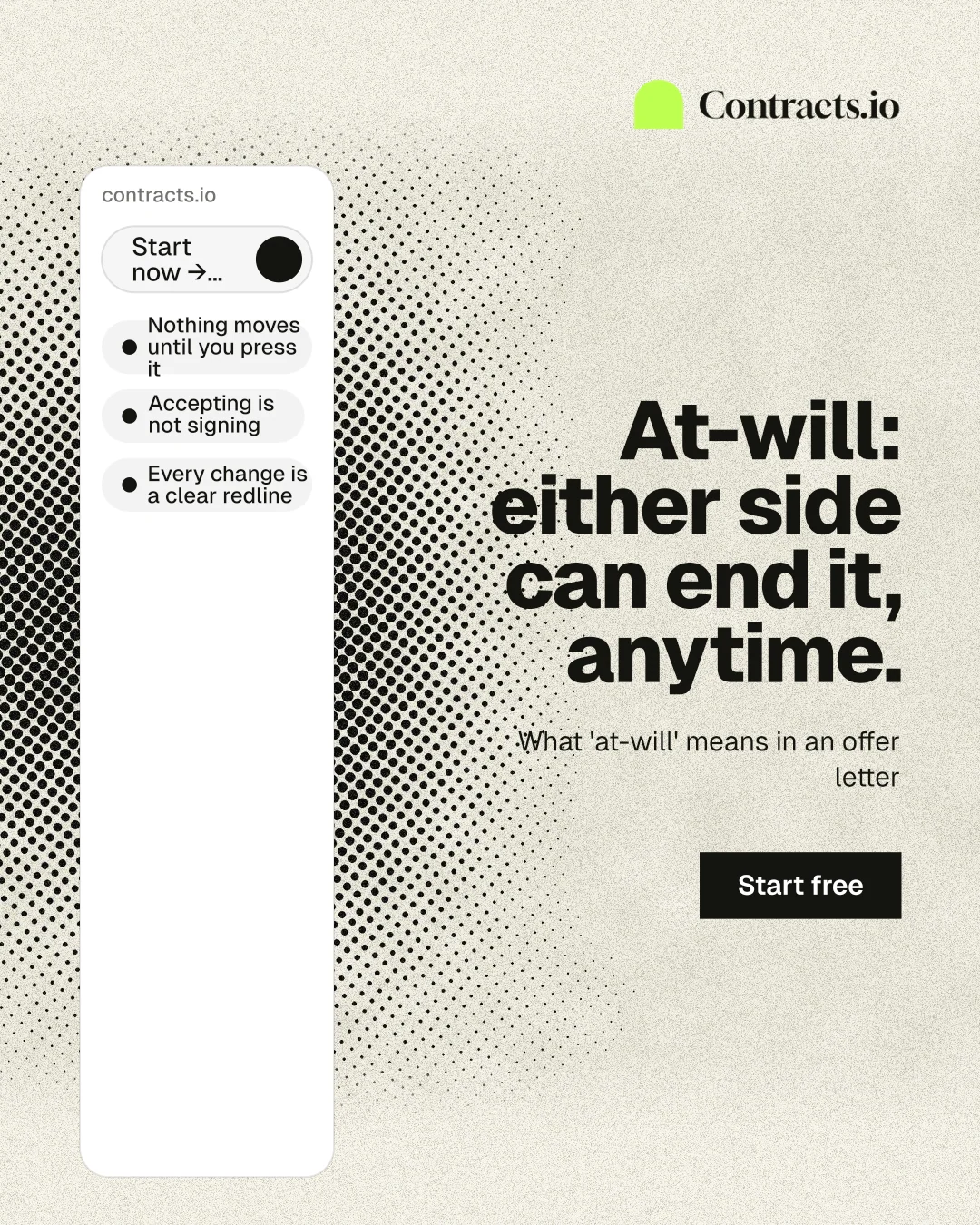Instagram portrait post for contracts.io: "At-will: either side can end it, anytime." Ink sticker style, right layout, light palette in yellow, white, grey.