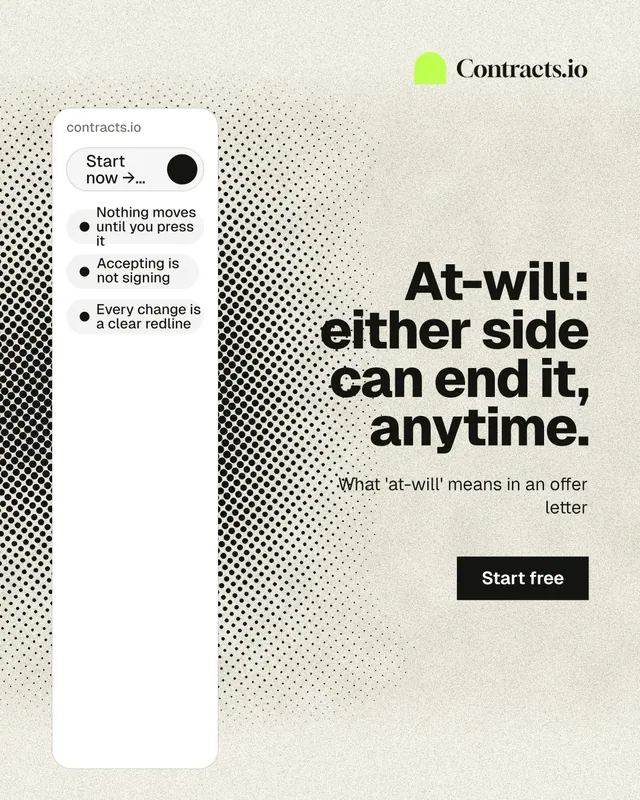 Instagram portrait post for contracts.io: "At-will: either side can end it, anytime." Ink sticker style, right layout, light palette in yellow, white, grey.