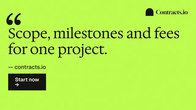 Landscape graphic for contracts.io: "Scope, milestones and fees for one project." Swiss style, quote layout, light palette in green.
