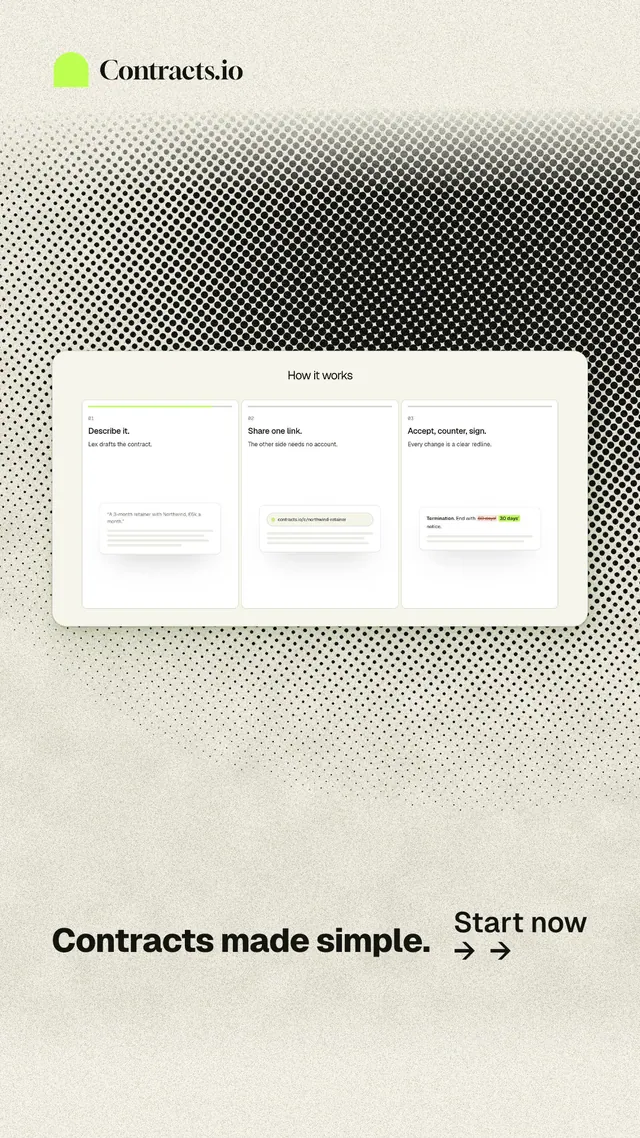 Instagram story for contracts.io: "Contracts made simple." Ink sticker style, image led layout, light palette in yellow, white, grey.