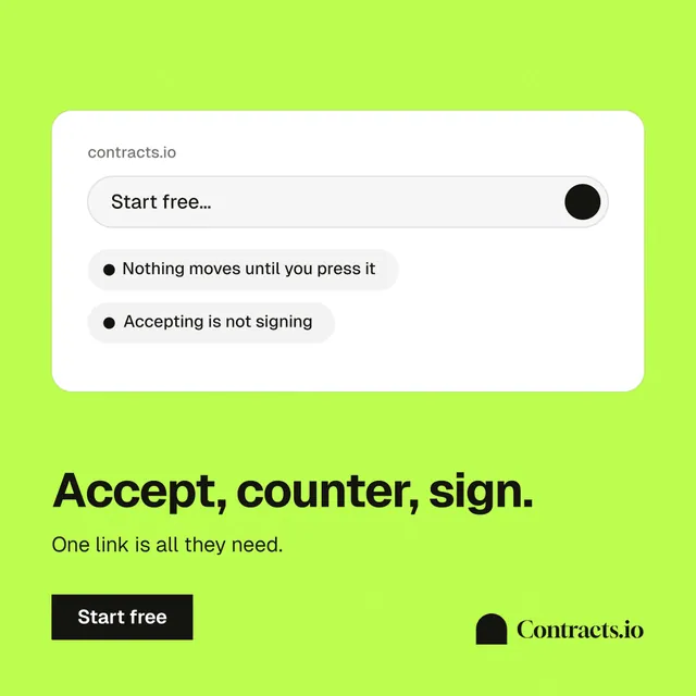 Instagram post for contracts.io: "Accept, counter, sign." Swiss style, bottom layout, light palette in white, green.
