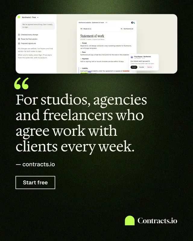 Instagram portrait post for contracts.io: "For studios, agencies and freelancers who agree work with clients every week." Dark deco style, quote layout, dark palette in black, green, white.