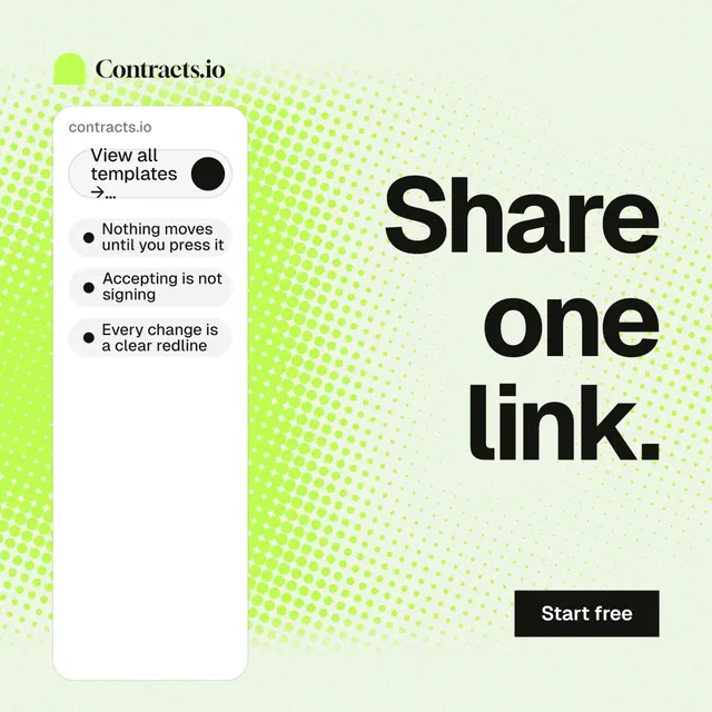 Instagram post for contracts.io: "Share one link." Swiss style, right layout, light palette in white, green, grey.
