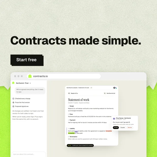 Instagram post for contracts.io: "Contracts made simple." Paper trio style, browser layout, light palette in green, white, grey.