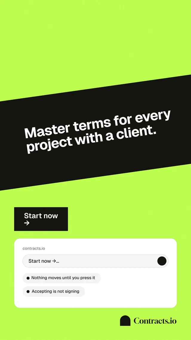 Instagram story for contracts.io: "Master terms for every project with a client." Swiss style, diagonal layout, light palette in green, black.