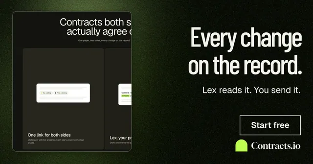 Social ad for contracts.io: "Every change on the record." Dark deco style, right layout, dark palette in black, green, grey.