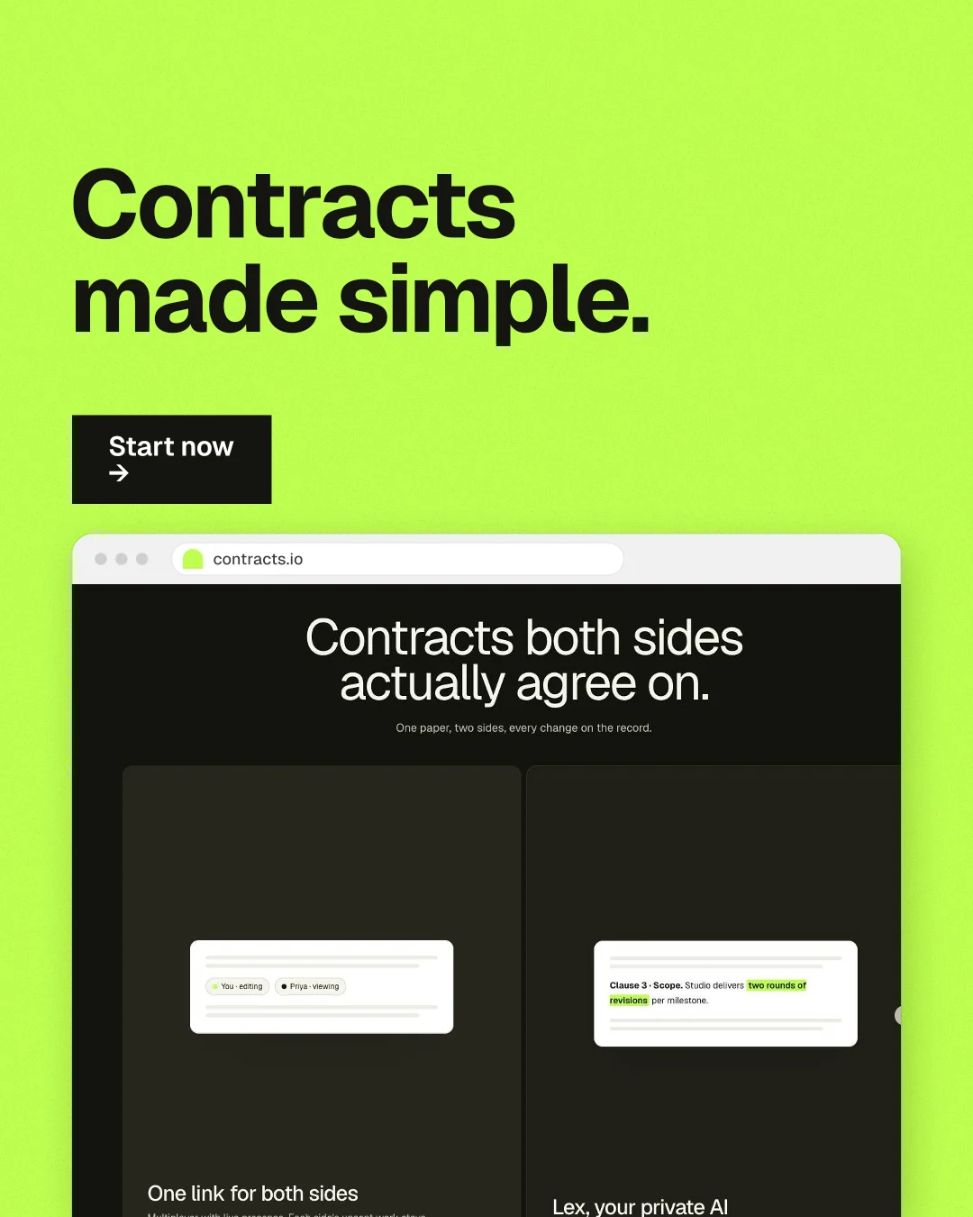 Instagram portrait post for contracts.io: "Contracts made simple." Swiss style, browser layout, light palette in green, black.