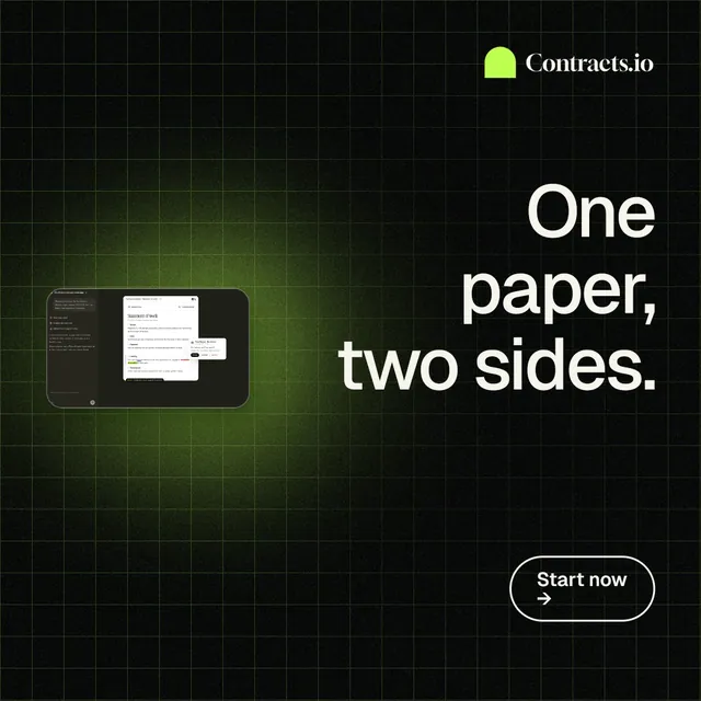 Instagram post for contracts.io: "One paper, two sides." Phosphor atlas style, right layout, dark palette in black, green, grey.