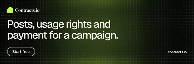 X header for contracts.io: "Posts, usage rights and payment for a campaign." Phosphor atlas style, poster layout, dark palette in black, green, grey.