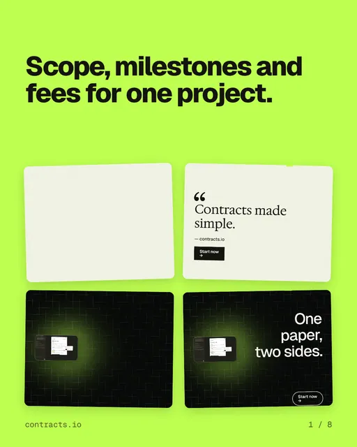 Carousel for contracts.io: "Scope, milestones and fees for one project.". Collection carousel, 8 slides, light palette.
