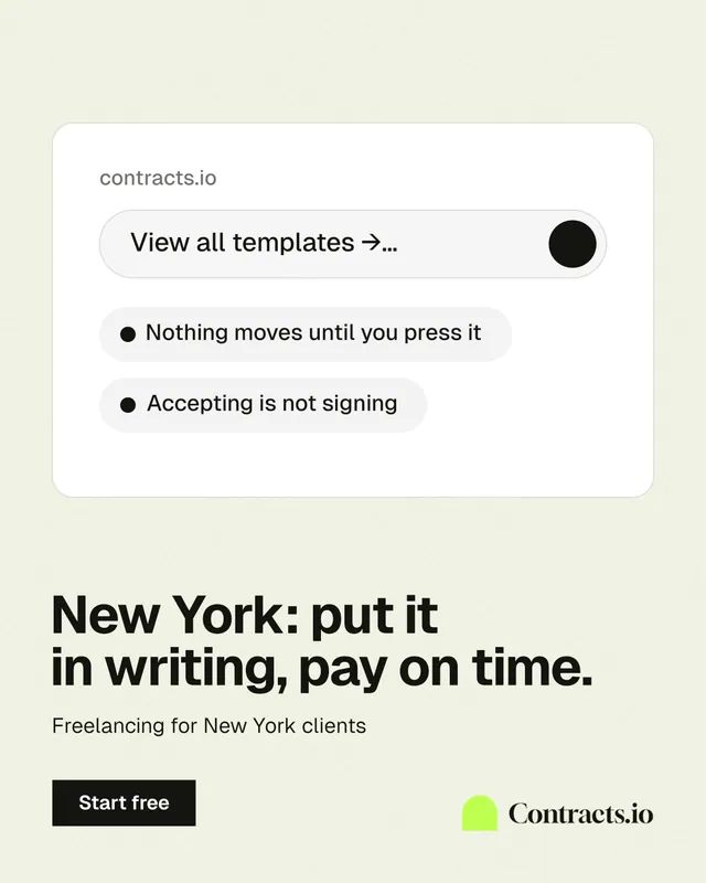 Instagram portrait post for contracts.io: "New York: put it in writing, pay on time." Swiss style, bottom layout, light palette in white, grey.