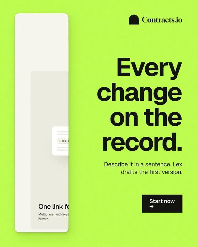 Instagram portrait post for contracts.io: "Every change on the record." Swiss style, right layout, light palette in green.