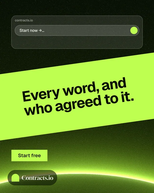 Instagram portrait post for contracts.io: "Every word, and who agreed to it." Swiss style, diagonal layout, light palette in green, black.