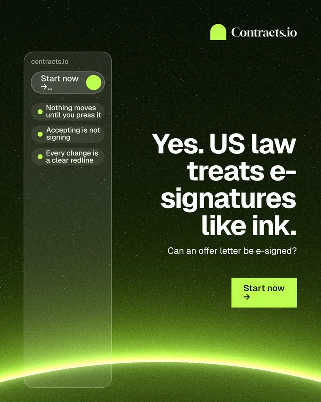 Instagram portrait post for contracts.io: "Yes. US law treats e-signatures like ink." Swiss style, right layout, dark palette in green, black.