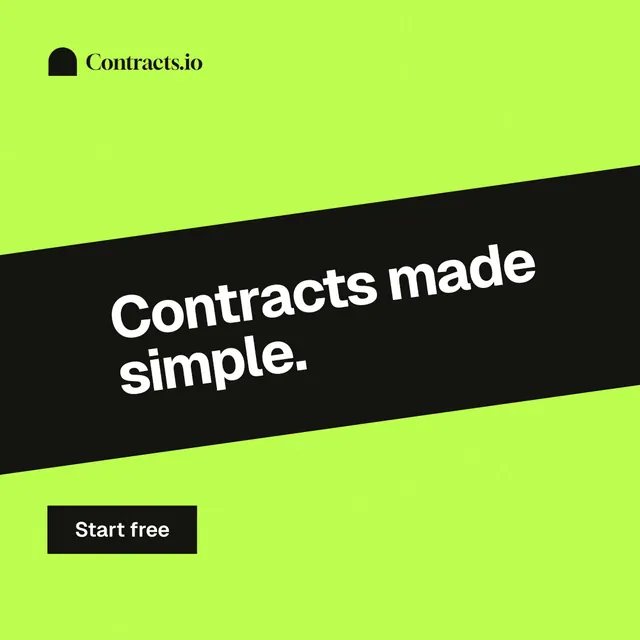 Instagram post for contracts.io: "Contracts made simple." Swiss style, diagonal layout, light palette in green, black.