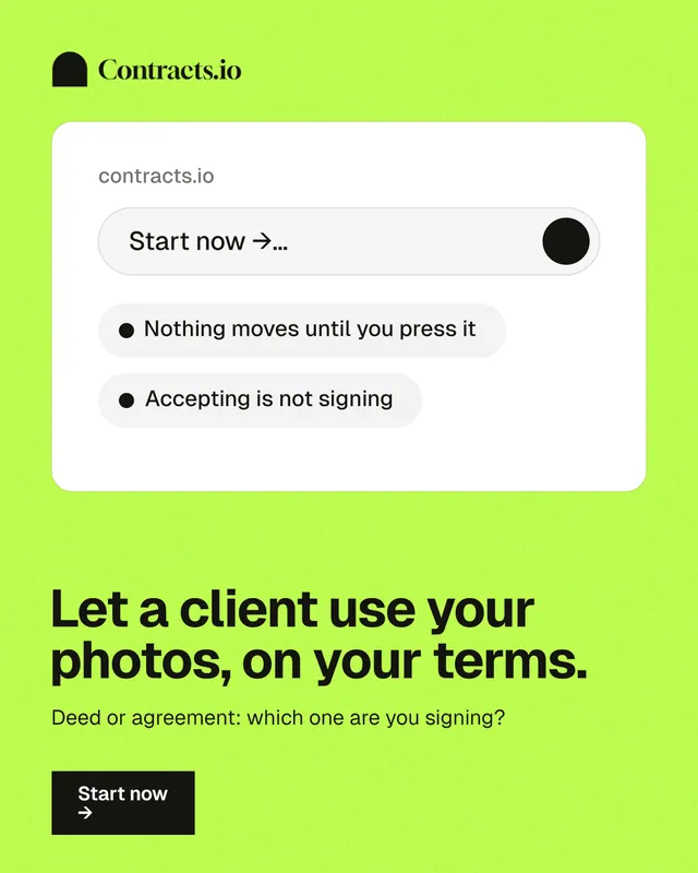 Instagram portrait post for contracts.io: "Let a client use your photos, on your terms." Swiss style, bottom layout, light palette in white, green.