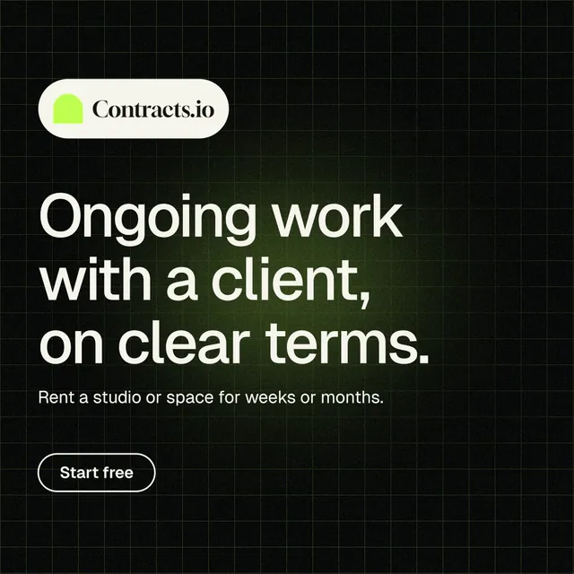 Instagram post for contracts.io: "Ongoing work with a client, on clear terms." Phosphor atlas style, announce layout, dark palette in black, green, grey.