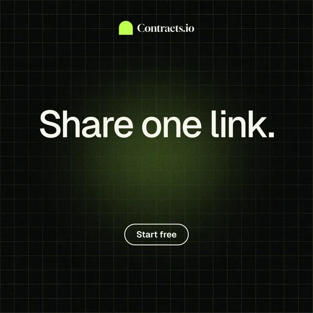 Instagram post for contracts.io: "Share one link." Phosphor atlas style, centred layout, dark palette in black, grey.