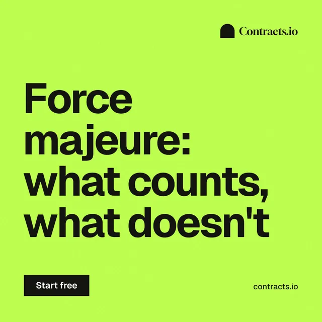 Instagram post for contracts.io: "Force majeure: what counts, what doesn't". Swiss style, poster layout, light palette in green.