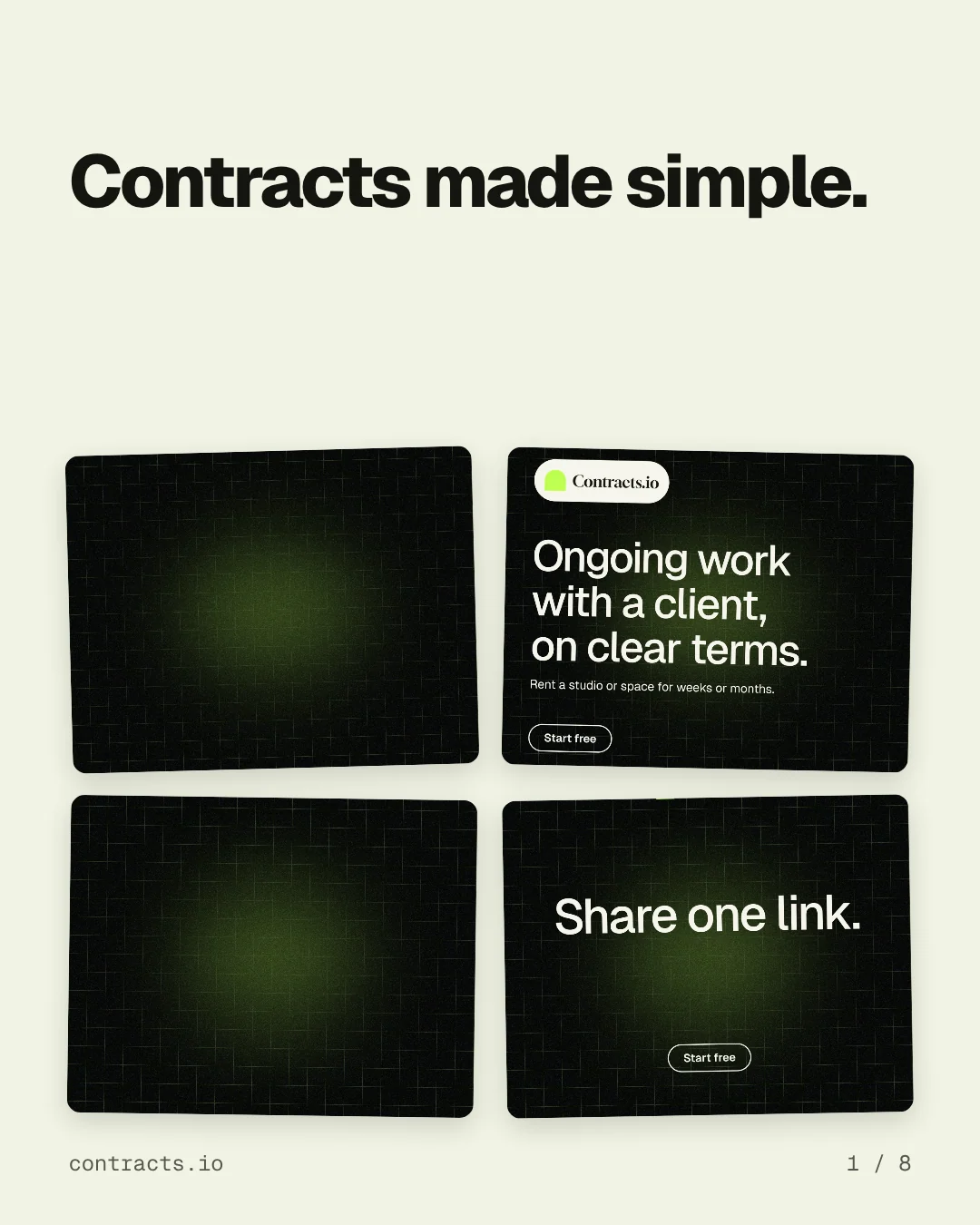 Carousel for contracts.io: "Contracts made simple.". Collection carousel, 8 slides, light palette.