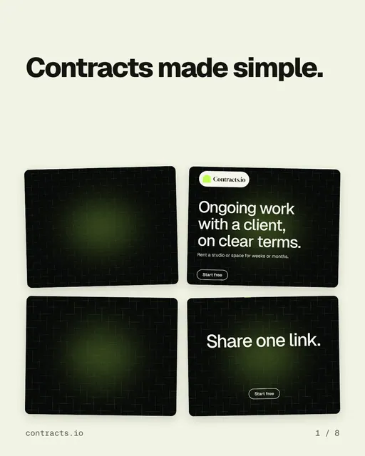 Carousel for contracts.io: "Contracts made simple.". Collection carousel, 8 slides, light palette.