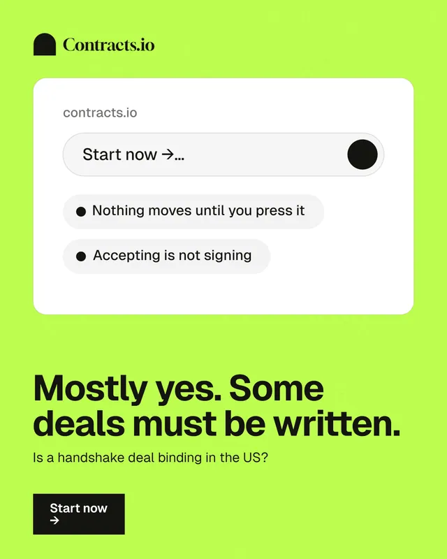 Instagram portrait post for contracts.io: "Mostly yes. Some deals must be written." Swiss style, bottom layout, light palette in white, green.