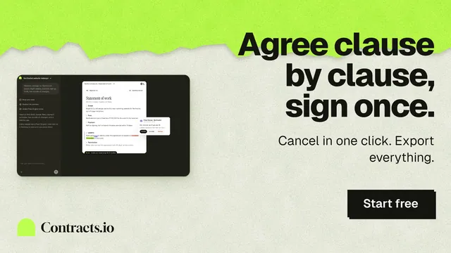 Landscape graphic for contracts.io: "Agree clause by clause, sign once." Paper trio style, right layout, light palette in green, black.