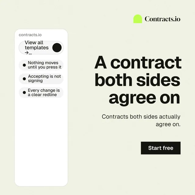 Instagram post for contracts.io: "A contract both sides agree on". Swiss style, right layout, light palette in white, grey.