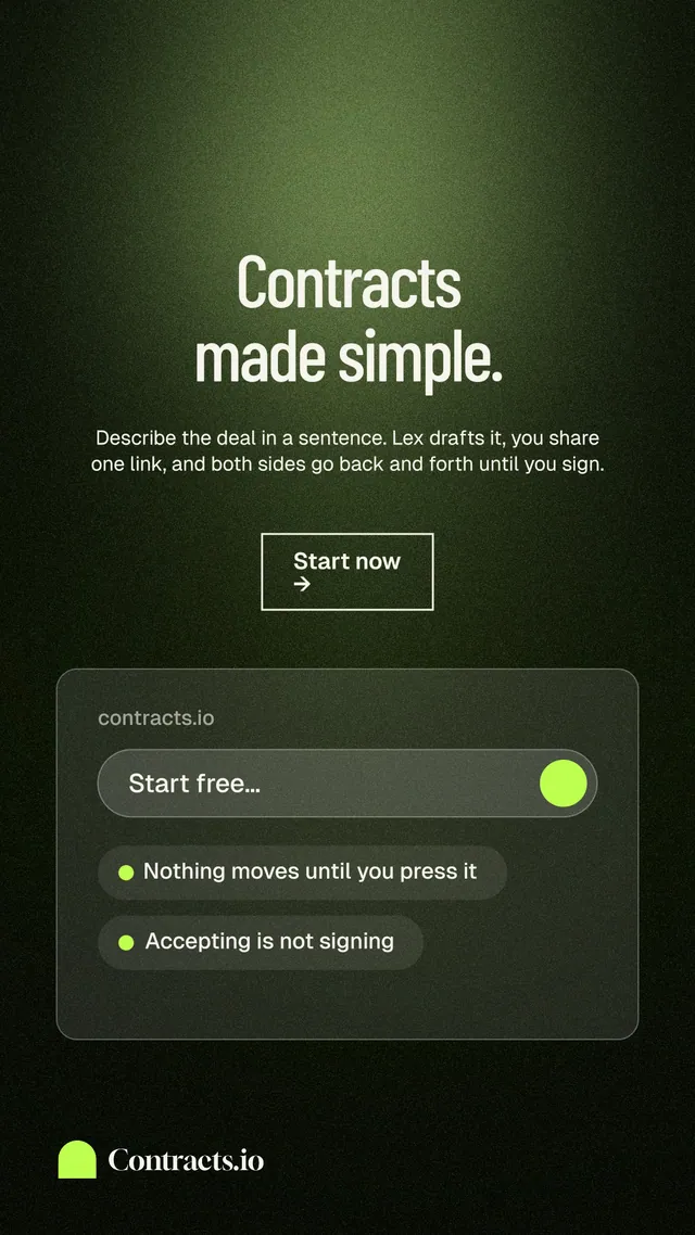 Instagram story for contracts.io: "Contracts made simple." Dark deco style, centred layout, dark palette in black, green, grey.
