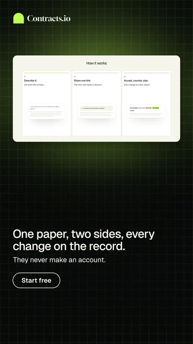 Instagram story for contracts.io: "One paper, two sides, every change on the record." Phosphor atlas style, bottom layout, dark palette in black, green, white.