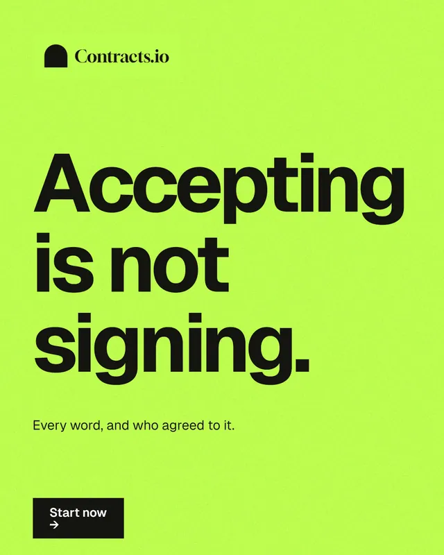 Instagram portrait post for contracts.io: "Accepting is not signing." Swiss style, announce layout, light palette in green.