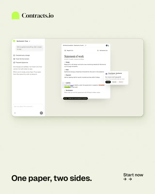 Instagram portrait post for contracts.io: "One paper, two sides." Swiss style, image led layout, light palette in white, yellow.