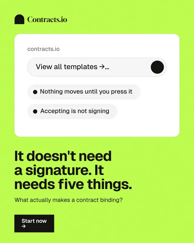 Instagram portrait post for contracts.io: "It doesn't need a signature. It needs five things." Swiss style, bottom layout, light palette in green, white.