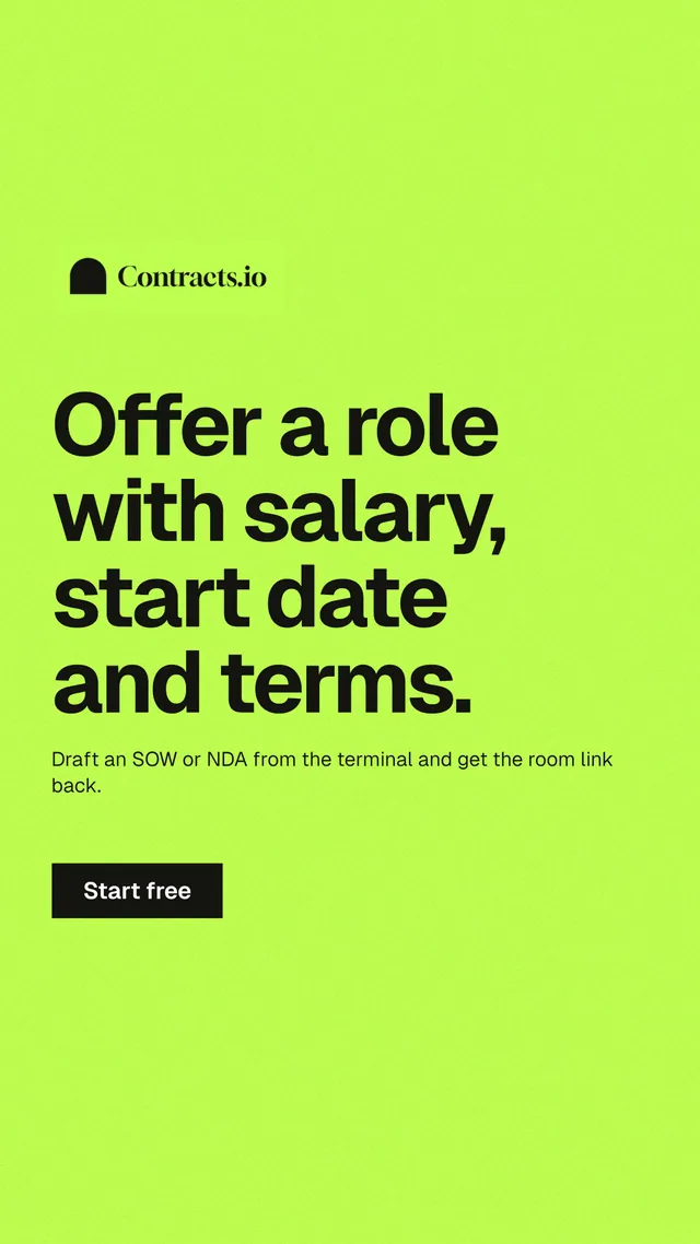 Instagram story for contracts.io: "Offer a role with salary, start date and terms." Swiss style, announce layout, light palette in green.