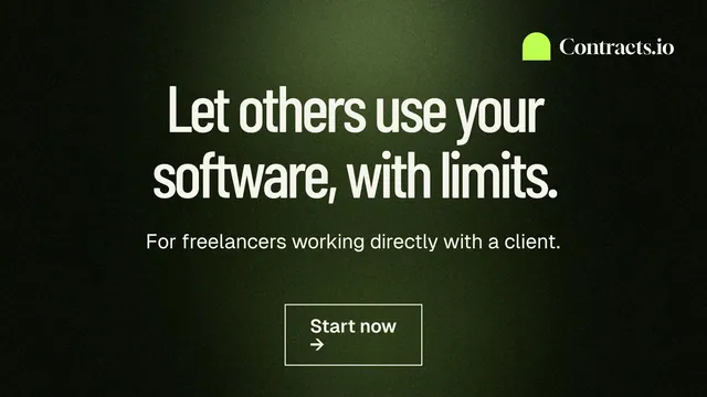 Landscape graphic for contracts.io: "Let others use your software, with limits." Dark deco style, centred layout, dark palette in black, grey.