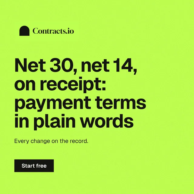 Instagram post for contracts.io: "Net 30, net 14, on receipt: payment terms in plain words". Swiss style, announce layout, light palette in green.