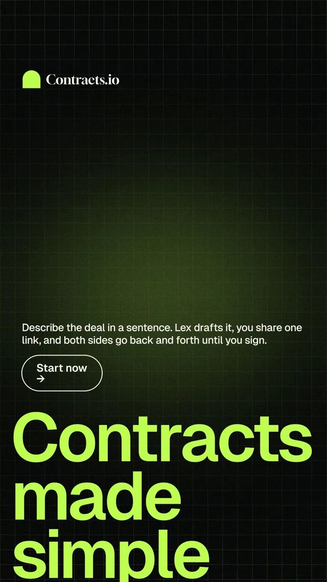 Instagram story for contracts.io: "Contracts made simple." Phosphor atlas style, oversized layout, dark palette in black, green.