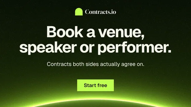 Landscape graphic for contracts.io: "Book a venue, speaker or performer." Swiss style, centred layout, dark palette in green, black.