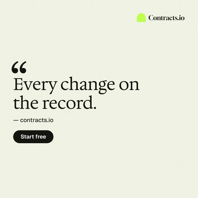 Instagram post for contracts.io: "Every change on the record." Data card style, quote layout, light palette in white, yellow.