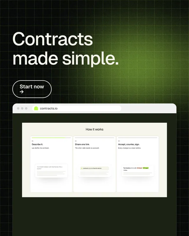 Instagram portrait post for contracts.io: "Contracts made simple." Phosphor atlas style, browser layout, dark palette in white, black, green.
