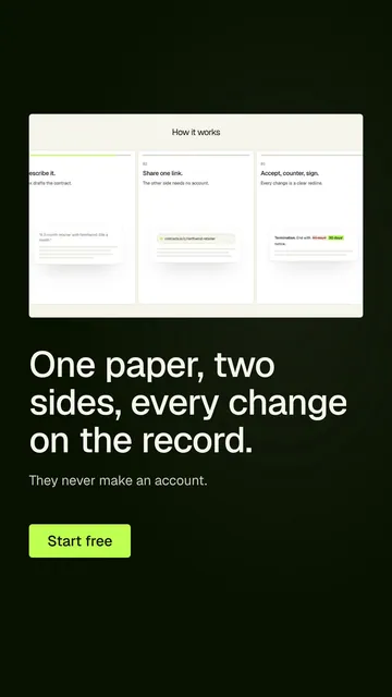 Video for contracts.io: "One paper, two sides, every change on the record.". Doc motion loop, 7.0 s, dark palette.