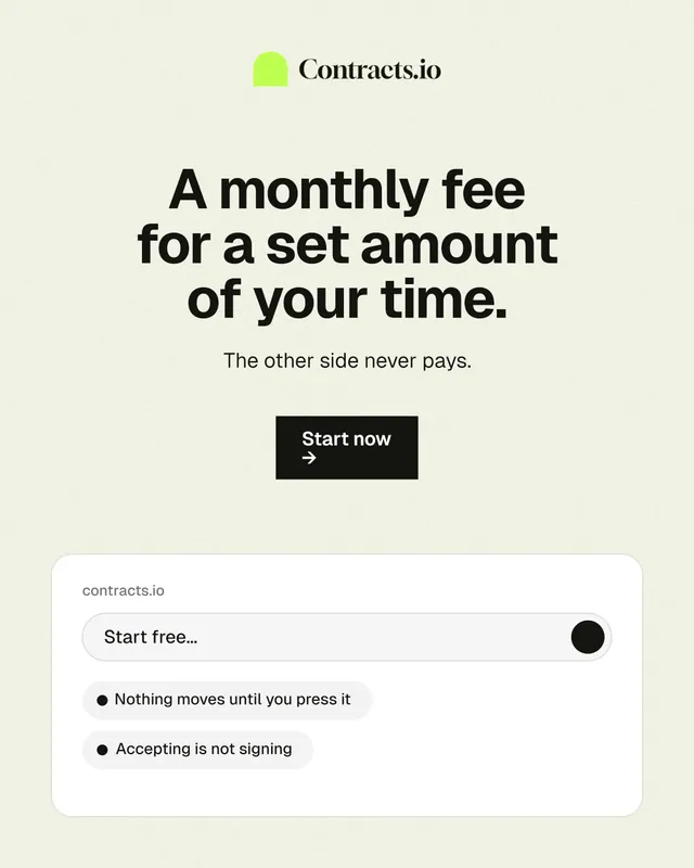 Instagram portrait post for contracts.io: "A monthly fee for a set amount of your time." Swiss style, centred layout, light palette in white, grey.