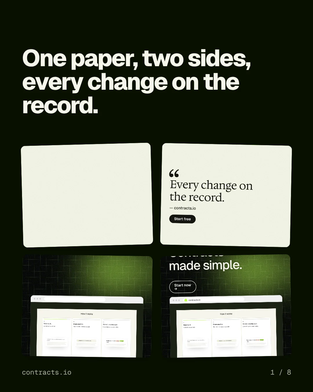 Carousel for contracts.io: "One paper, two sides, every change on the record.". Collection carousel, 8 slides, dark palette.