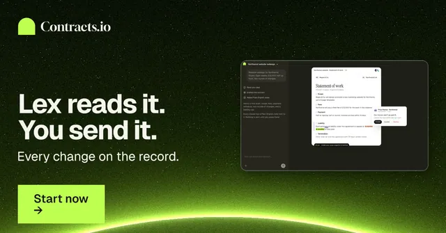 Social ad for contracts.io: "Lex reads it. You send it." Swiss style, bottom layout, dark palette in black, green.
