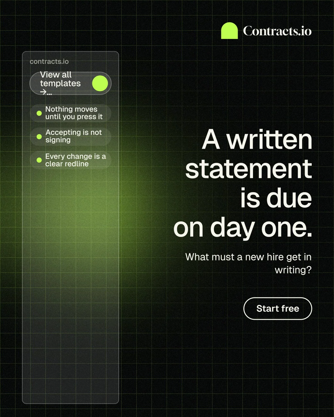 Instagram portrait post for contracts.io: "A written statement is due on day one." Phosphor atlas style, right layout, dark palette in black, green.